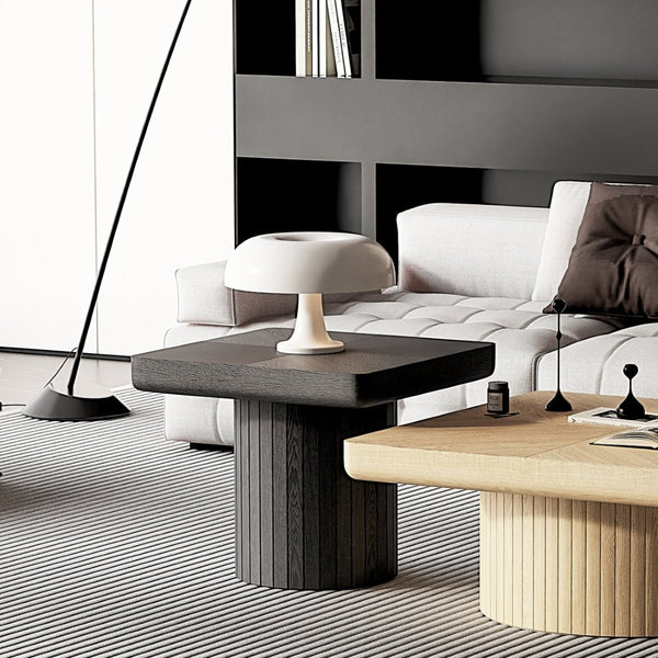 English Elm 23.6'' Square Wood Veneer Accent Table Parquet Top Sculptural Cylindrical Base Matte Finish W1435P419310