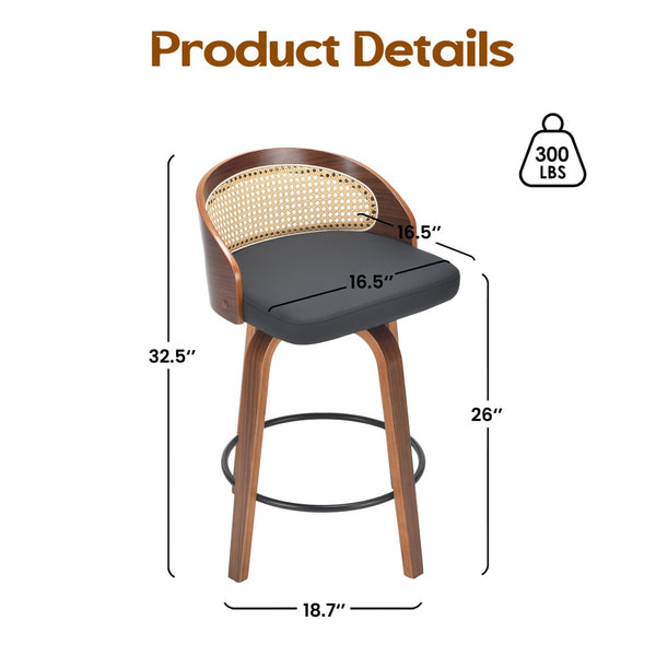 English Elm Swivel Counter Stools Set of 2 Rattan Back Pu Seat Mid Century Wood Frame Kitchen Black T3623P431195