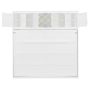 English Elm Queen Murphy Wall Bed with Storage Cabinets and Wine Rack for Small Space Living White LP000879AAK-1