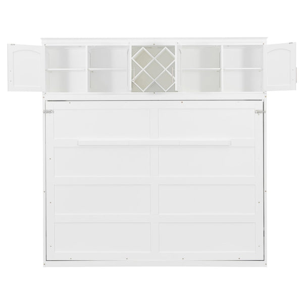 English Elm Queen Murphy Wall Bed with Storage Cabinets and Wine Rack for Small Space Living White LP000879AAK-1