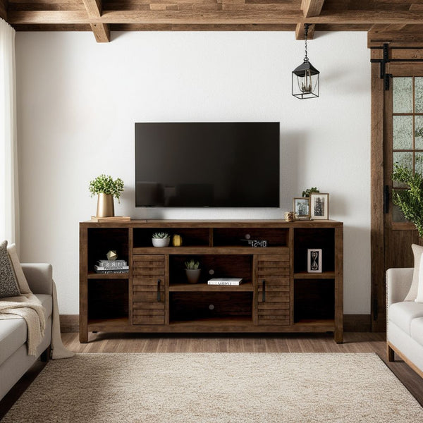English Elm 74 Inch TV Console Whiskey Finish for TVs up to 85" — Knotty Alder, 6 Shelves, Slat Doors, No Assembly Needed B108P160189