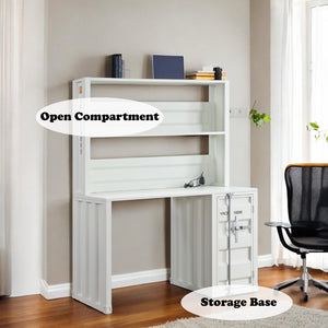 English Elm Cargo White Metal Writing Desk with Hutch — Industrial Cargo Panel Design, Ample Storage & 100lb Limit B2726P305089