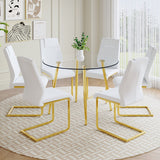 English Elm A Modern Minimalist Style Round Transparent Tempered Glass Table With Gold Metal Legs, Paired With 6 Modern Pu Leather High-Back Dining Chairs Bring A Luxurious Experience.