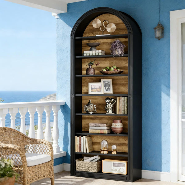 English Elm Display Cabinet Wall Mounted 5 Tier Glass Door Shelving for Collectibles Matte Black Black T3971P449678