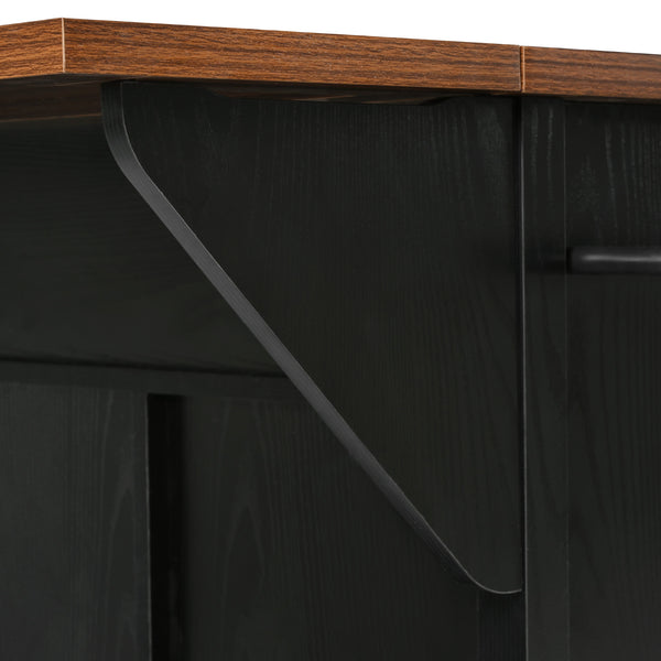 English Elm K&K 58" Farmhouse Kitchen Island with Sliding Barn Door, Drop Leaf, Glass Rack, Locking Wheels, Power Black N707P349811B