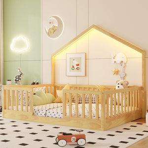 English Elm Twin Montessori Floor Bed House Frame with Led Lighting and Safety Rails for Kids Natural W2593P440609