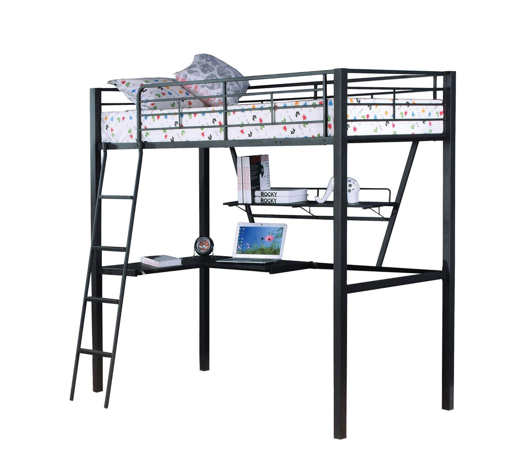 English Elm Senon Twin Loft Bed with Large Reversible Desk & Ladder, Silver/Black Metal & MDF, Sturdy Design B2726P265605