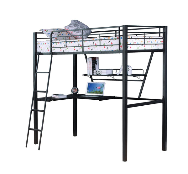 English Elm Senon Twin Loft Bed with Large Reversible Desk & Ladder, Silver/Black Metal & MDF, Sturdy Design B2726P265605