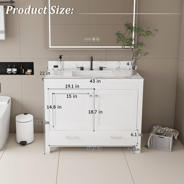 English Elm Modern 43" Bathroom Vanity With Carrara White Top, Soft-Close Drawer & Durable Mdf Cabinet Design W509S00139