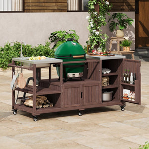 English Elm K&k Solid Fir Outdoor Kitchen Island with Sink Stainless Steel Top and Grill Cutout Brown N707S000022Z