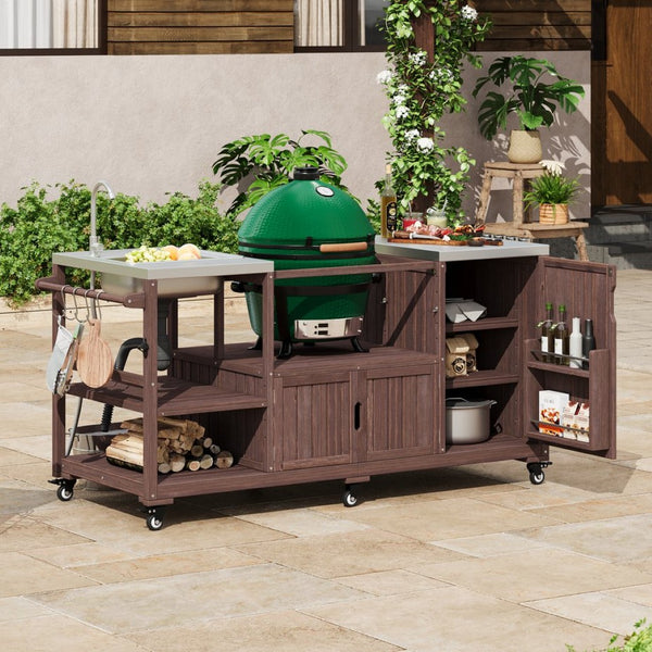 English Elm K&k Solid Fir Outdoor Kitchen Island with Sink Stainless Steel Top and Grill Cutout Brown N707S000022Z