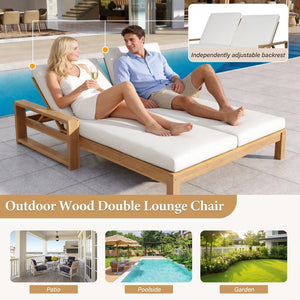 English Elm Trexm Outdoor Acacia Wood Double Chaise Lounge with Adjustable Backrests and Cushions Light Teak TM000031AAD