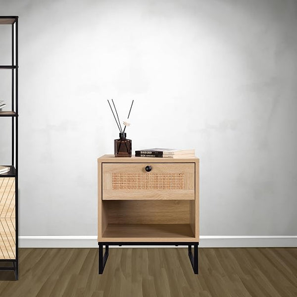 English Elm Birch Coastal Side Table with Drawer, Natural Wood Top & Black Metal Legs — Compact Storage Accent B347P340050