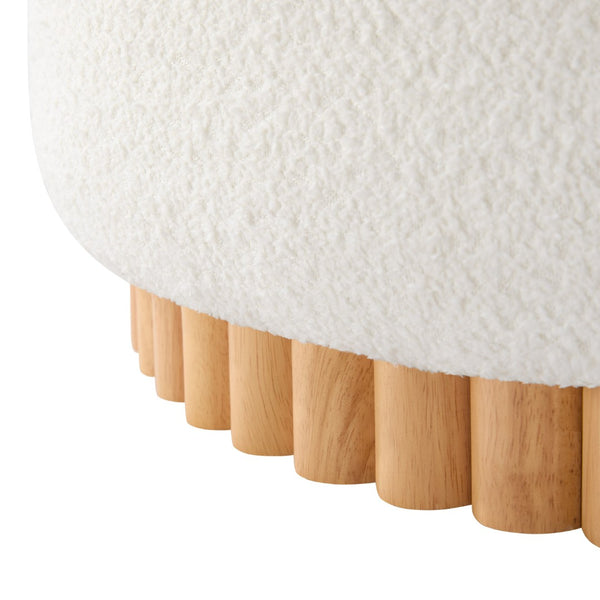 English Elm 29" Round Boucle Storage Ottoman Sculptural Wood Base Reversible Lid Living Room Beige N723P405304A
