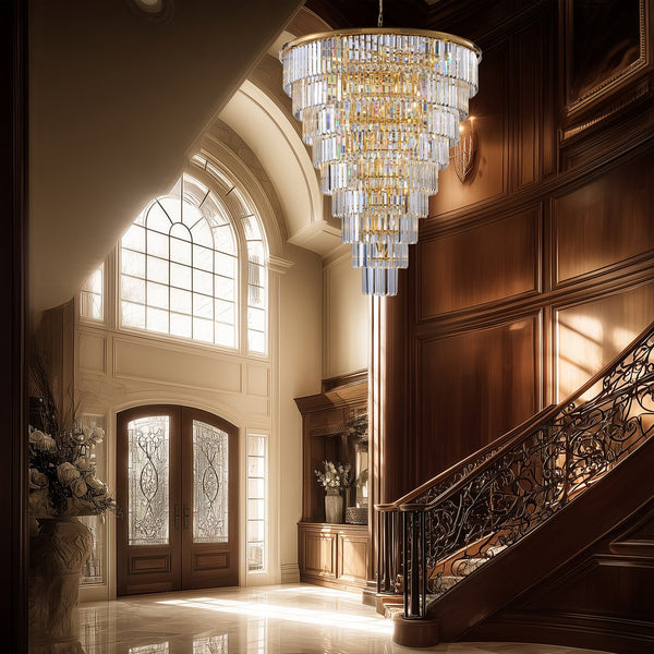 English Elm 48-Inch Gold Tiered Crystal Chandelier — 45-Light E12, 580 Crystal Rods, Mirror Finish, Dramatic Foyer Statement W2869S00030