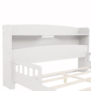 English Elm Full Pine Wood Bed with Bookcase Headboard and LED Motion Sensor Light, Guardrails & Storage Space White W504P277600