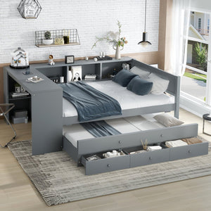 English Elm Full Size Daybed With Trundle, Stylish Gray Frame, Storage Drawers, Desk & Ultimate Space Saver W1580S00206