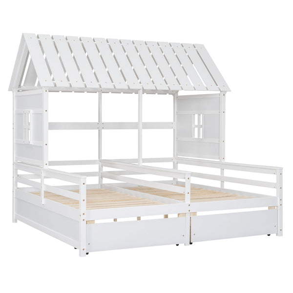 English Elm Twin House Platform Bed with Pitched Roof and Two Under-Drawers for Shared Kids’ Rooms, Durable Pine White GX000452AAK