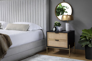 Sunpan Avida Artisan Nightstand with Handwoven Rattan Drawers and Solid Oak Frame for Global Style Gold & Black/Natural