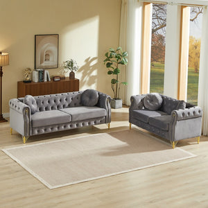 English Elm Velvet Chesterfield Tufted Sofa with Copper Stud Trim and Gold Legs for Glam Living Grey W834S00627