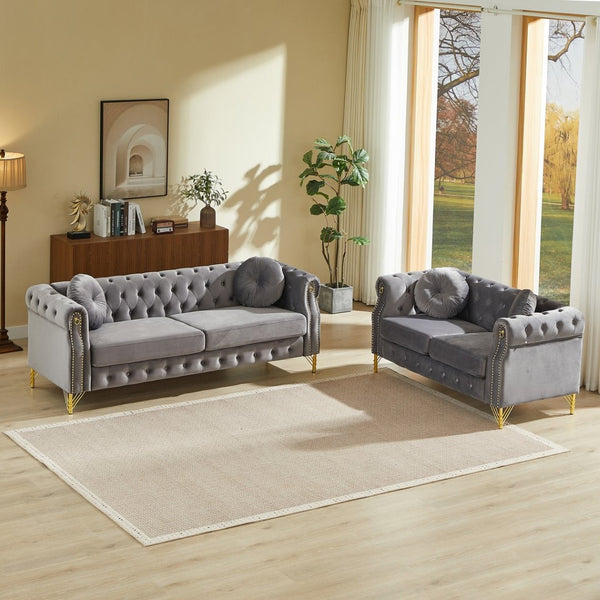 English Elm Velvet Chesterfield Tufted Sofa with Copper Stud Trim and Gold Legs for Glam Living Grey W834S00627