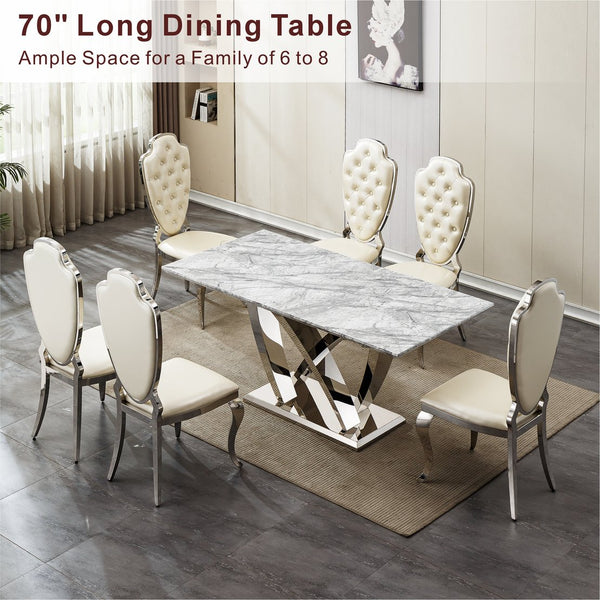 English Elm Marble Dining Table For 6 - Modern 74.8" Rectangle Faux Marble Top With Chrome Base, Easy Care W3456S00051