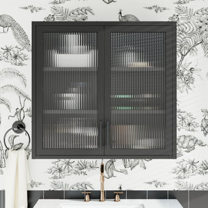 English Elm Retro Wall-Mounted Cabinet with Hazy Tempered Glass Doors, 2 Adjustable Shelves, Steel Black Finish W2378P176274
