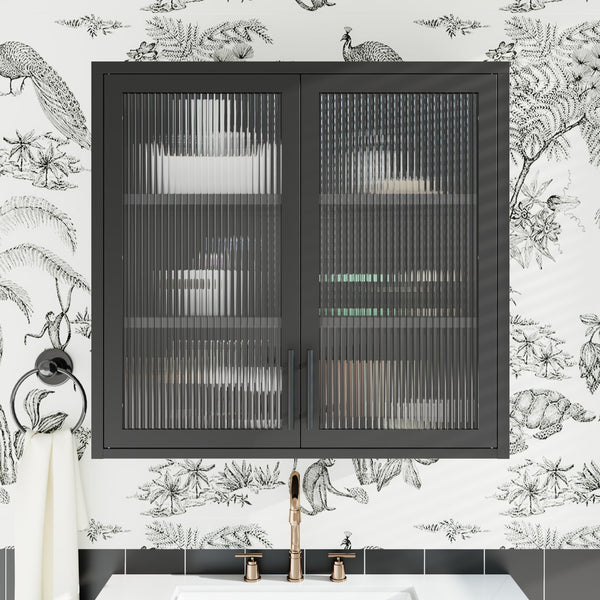 English Elm Retro Wall-Mounted Cabinet with Hazy Tempered Glass Doors, 2 Adjustable Shelves, Steel Black Finish W2378P176274