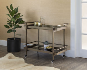 Sunpan Livingston Bar Cart - Stylish Mobility with Sleek Glass Shelving and Elegant Tubular Frame for Entertaining Antique Brass