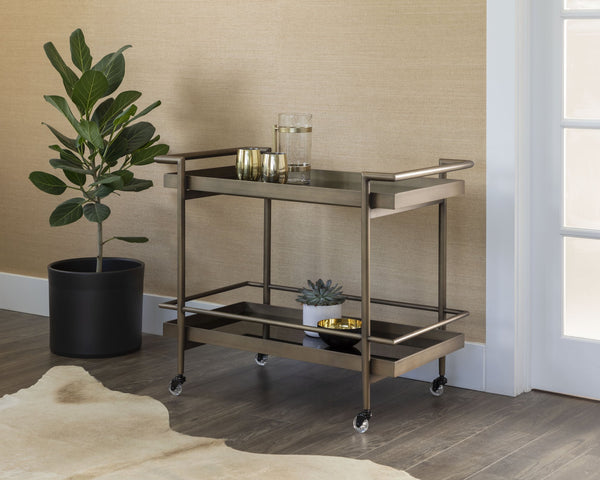 Sunpan Livingston Bar Cart - Stylish Mobility with Sleek Glass Shelving and Elegant Tubular Frame for Entertaining Antique Brass
