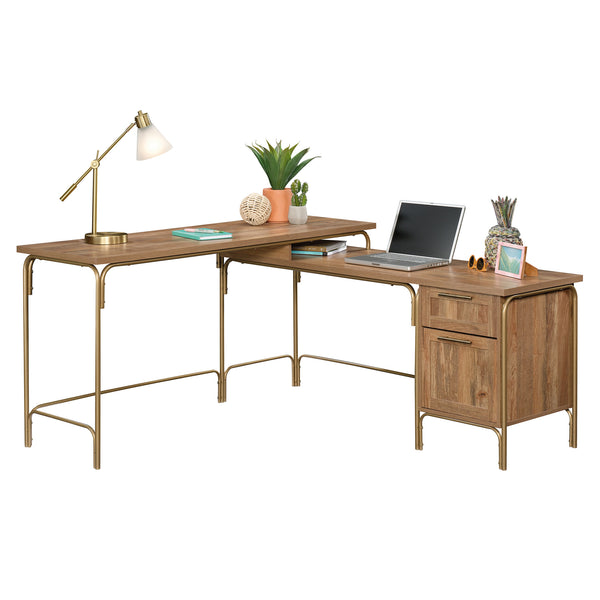 English Elm L-Shaped Desk In Warm Brown & Gold Finish - Perfect For Home Offices, Gaming, And Small Spaces! B356P354450