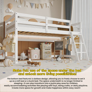 English Elm Kids Twin Low Loft Bed with Built-In LED Strip, Solid Pine Convertible Bunk Frame, Modern Durable Design White W1820P331925