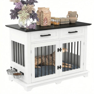 English Elm 44.48" Wooden Dog Crate End Table with Drawers Rotating Bowls Farmhouse Pet Kennel Black,White N704P379112K