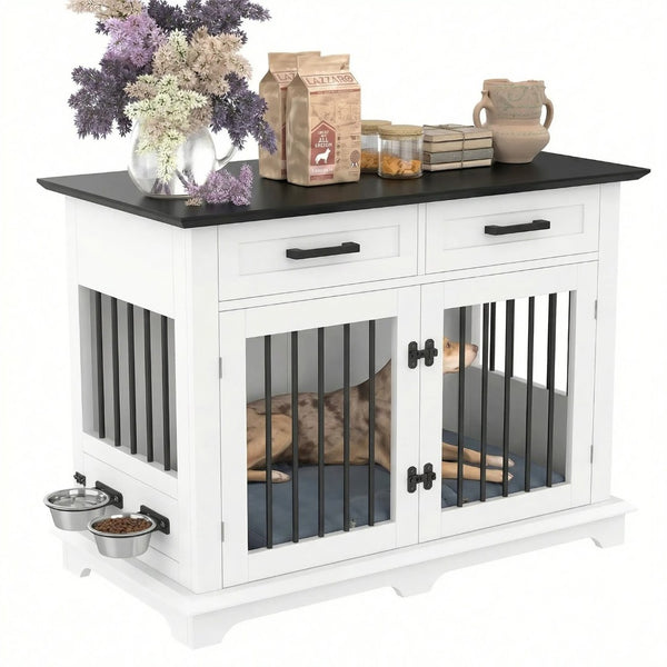 English Elm 44.48" Wooden Dog Crate End Table with Drawers Rotating Bowls Farmhouse Pet Kennel Black,White N704P379112K