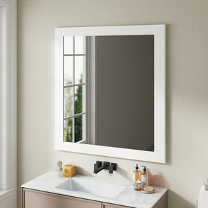English Elm Revitalize Any Bathroom with a Square Matte White Framed Wall Mirror Modern Vanity W3151P265975