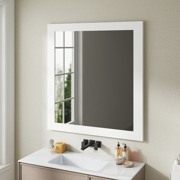 English Elm Revitalize Any Bathroom with a Square Matte White Framed Wall Mirror Modern Vanity W3151P265975