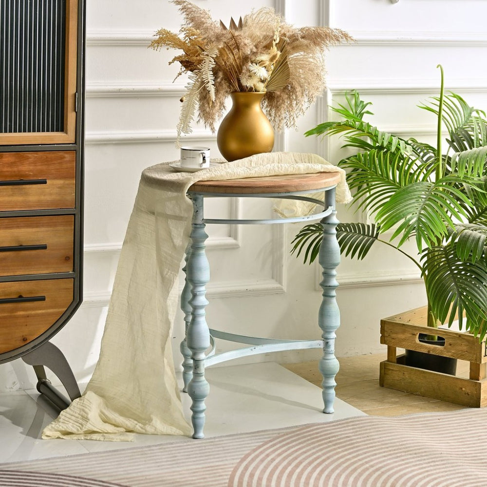 English Elm Easy Assembly Round Carved Wood End Table Rustic Distressed Finish for Living Room W3933P379165