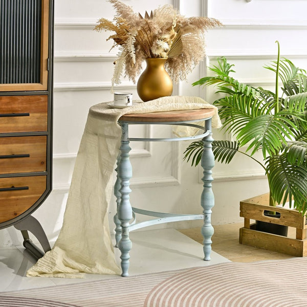 English Elm Easy Assembly Round Carved Wood End Table Rustic Distressed Finish for Living Room W3933P379165