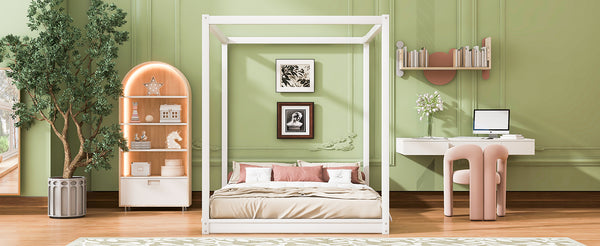 English Elm Queen Canopy Platform Bed with Sturdy Support Legs, Pine/MDF Frame, Slatted Ventilated Base, 550lb Capacity White WF293232AAK