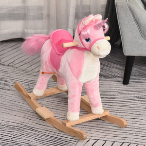 English Elm Qaba Plush Unicorn Rocking Horse with Solid Wood Base Wagging Tail and Fun Sounds W2225P229172