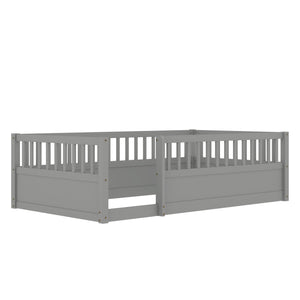 English Elm Twin Montessori Floor Bed Frame for Kids – Pine Playroom Bed with Fence for Reading & Imaginative Play Gray W1580P307881