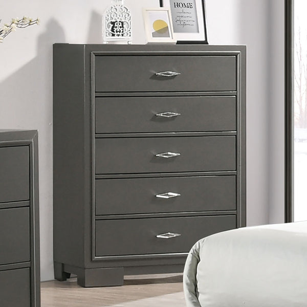 English Elm 1pc Chest with Five Drawers in Soft Gray Sheen, Acrylic Pulls, Sleek Contemporary Storage Tower Metallic Grey 36 L x 19 W x 50 H B2741P368963
