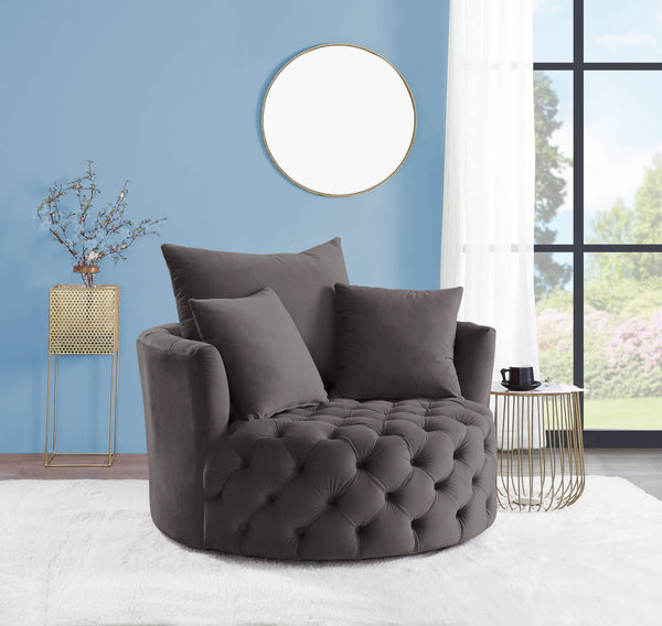 English Elm Zunyas Gray Velvet Swivel Accent Chair with Button Tufting, 360° Comfort, Wooden Frame & 3 Pillows B2726P256294