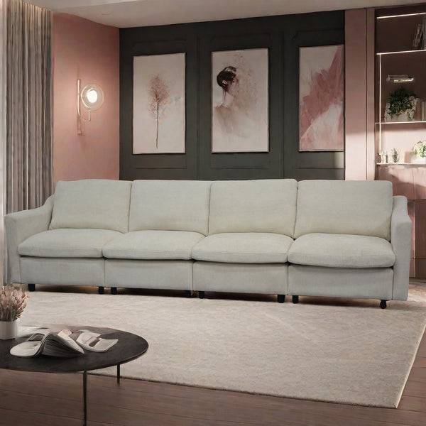 English Elm 4-Seater Modular Cloud Sofa in Beige Fabric with Ottoman, Memory Foam Comfort, Pockets & Pillows W1183S00011