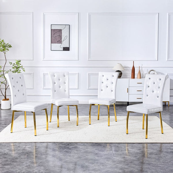 English Elm Set of 4 Glam Faux Leather Dining Chairs with Crystal Buckle and Gold Tone Legs White+Gold W3226P311058