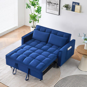 English Elm The 55-inch Blue Velvet Sofa Bed with Tufted Design, 2-Seater Convertible Couch, Durable 500lb Frame W3371P314998