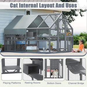 English Elm Cat, Cat Outdoor Wooden Enclosure with Seven Platforms Resting Boxes and Waterproof Canopy W1598S00040