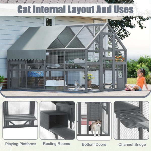 English Elm Cat, Cat Outdoor Wooden Enclosure with Seven Platforms Resting Boxes and Waterproof Canopy W1598S00040