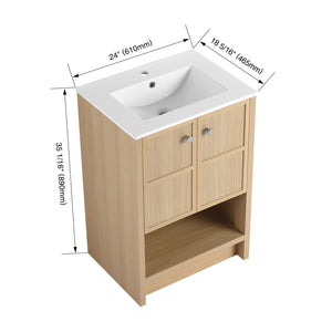 English Elm 24" Freestanding Bathroom Vanity with Ceramic Sink, Oak Finish, 2 Soft-Closing Doors, Open Shelf Storage W1972S00023