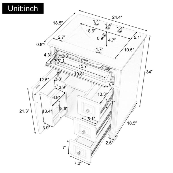 English Elm 24 Inch Freestanding Bathroom Vanity Solid Rubberwood Ceramic Sink Matte Finish Storage Black N725P375626B